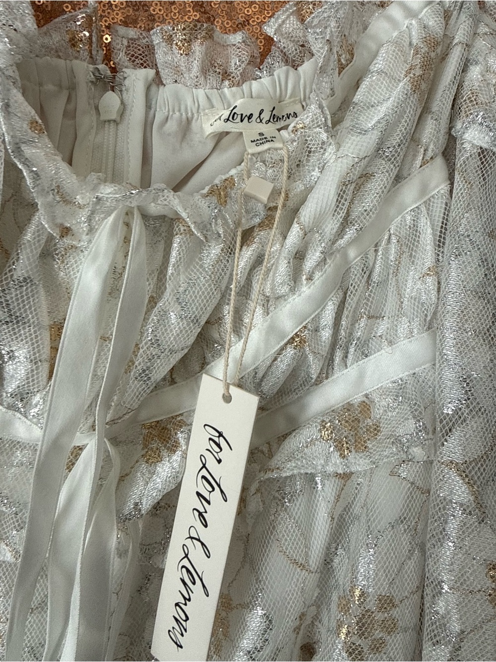 For Love And Lemons Ivory and Gold Metallic Lace Dress - Picture 3 of 3